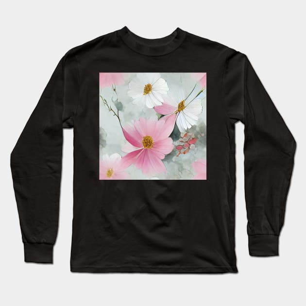 Pink Cosmos Floral Chiyogami Pattern Long Sleeve T-Shirt by kansaikate